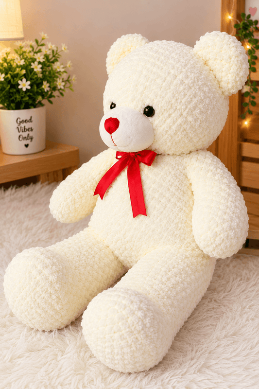 Cream Teddy Bear with Red Bow - Waffle Plush Soft Toy