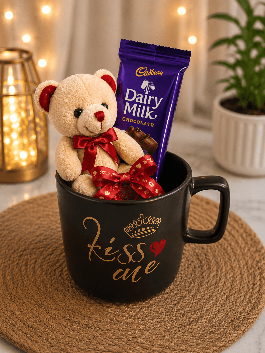 Kiss You Teddy Bear & Dairy Milk Chocolate Romantic Gift Mug Hamper - Shiva Gift Mart