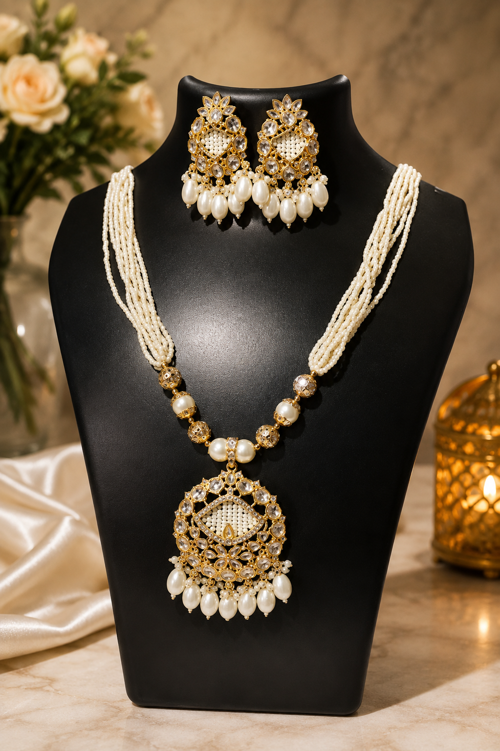 Gold-Plated Pearl Necklace Set with Matching Earrings | Traditional Kundan Bridal Jewellery