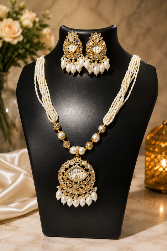 Gold-Plated Pearl Necklace Set with Matching Earrings | Traditional Kundan Bridal Jewellery