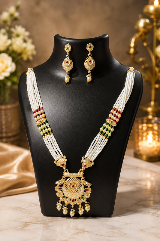 Traditional Marwadi Pearl Necklace Set with Earrings | Gold-Plated Rajasthani Jewellery