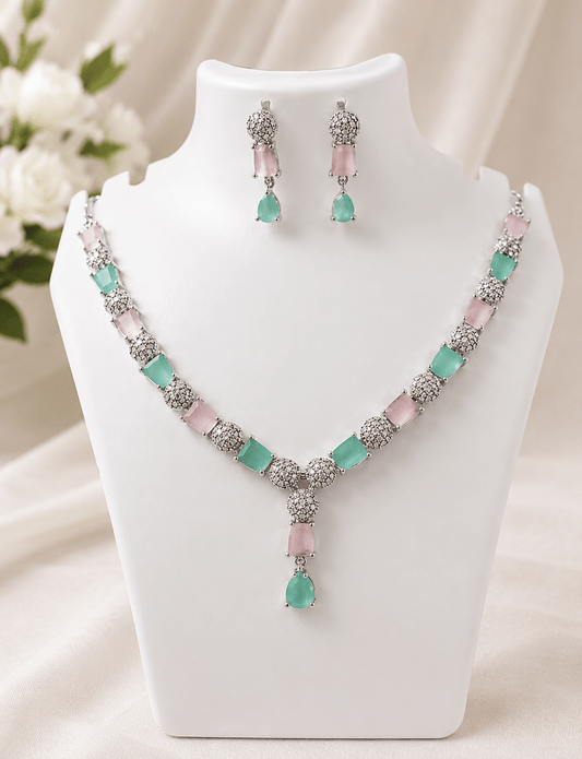 Pastel Pink & Mint Green AD Stone Necklace Set for Women - Shiva Gift Mart