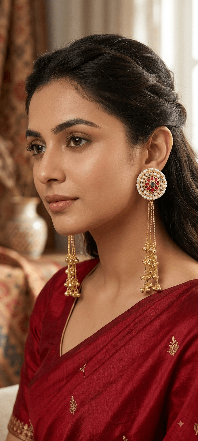 Traditional Pearl Circular Stud Earrings with Long Gold Chain Tassels - Shiva Gift Mart