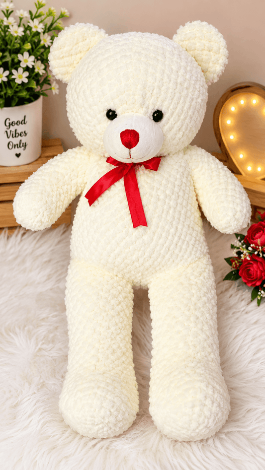 Cream Teddy Bear with Red Bow - Waffle Plush Soft Toy