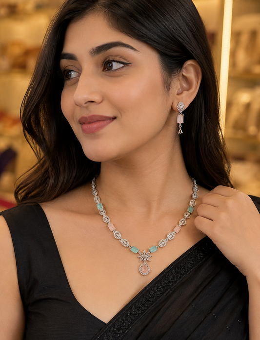 Elegant American Diamond Necklace Set with Matching Earrings – Mint Green & Pink Stone Jewellery