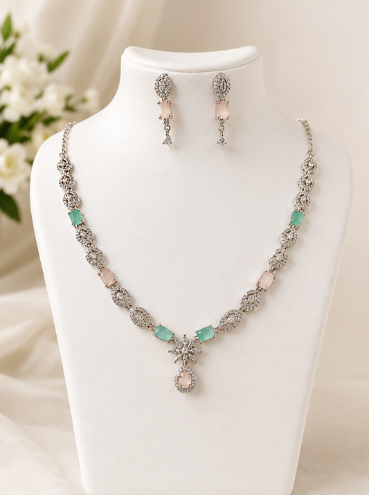 Elegant American Diamond Necklace Set with Matching Earrings – Mint Green & Pink Stone Jewellery