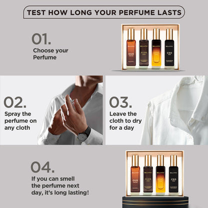Instructions for testing perfume longevity with a display of perfume bottles.