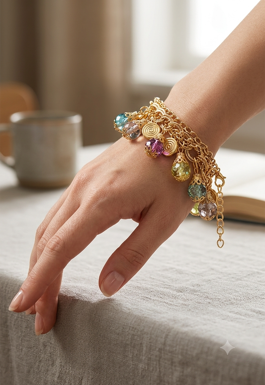 Multicolor charms bracelet for women featuring an assortment of colorful decorative charms on a chain