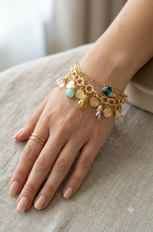 Multicolor charms bracelet for women featuring an assortment of colorful decorative charms on a chain