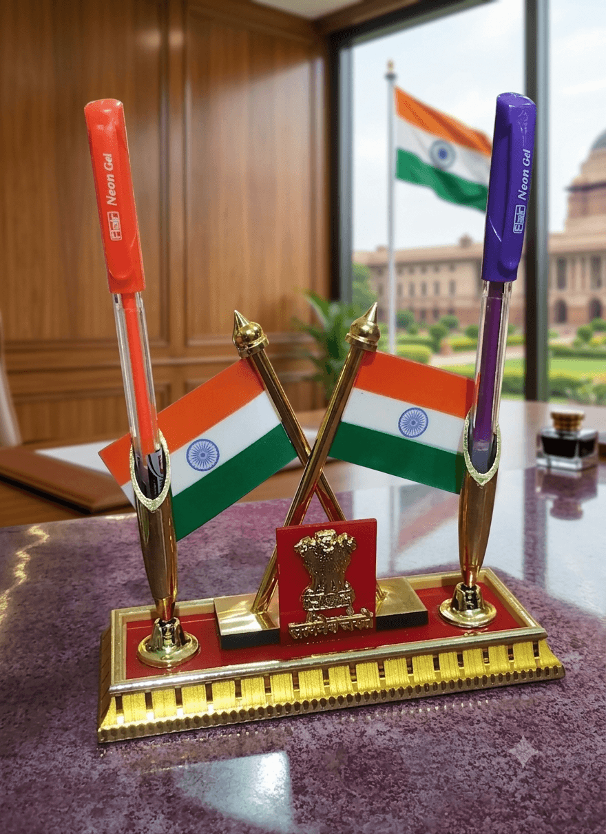 Indian Flag Pen Stand with National Emblem for Office Desk