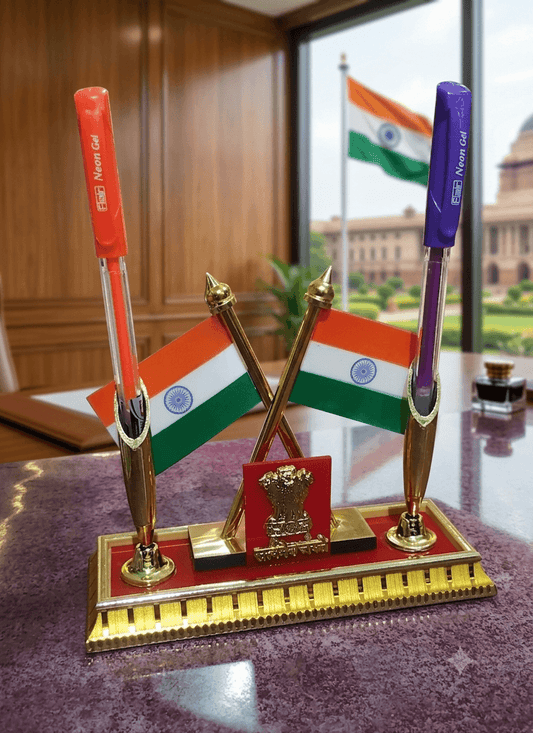 Indian Flag Pen Stand with National Emblem for Office Desk