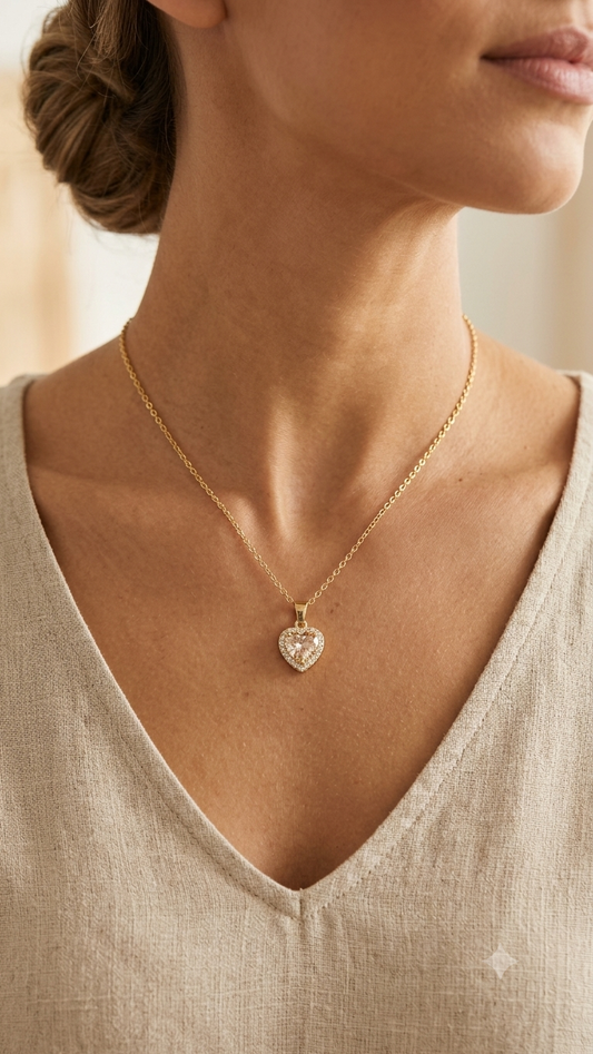 Gold plated heart halo pendant necklace with champagne cubic zirconia stone on cable chain