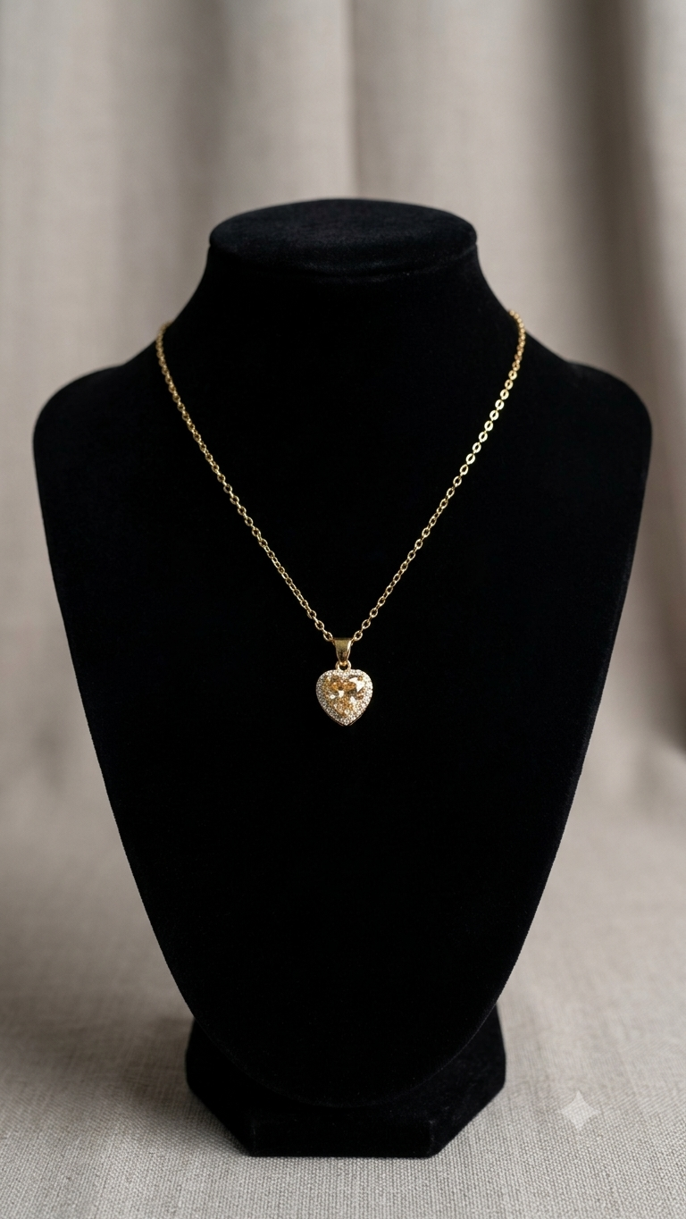 Gold plated heart halo pendant necklace with champagne cubic zirconia stone on cable chain
