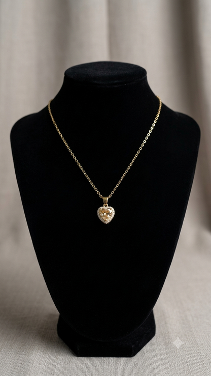 Gold plated heart halo pendant necklace with champagne cubic zirconia stone on cable chain