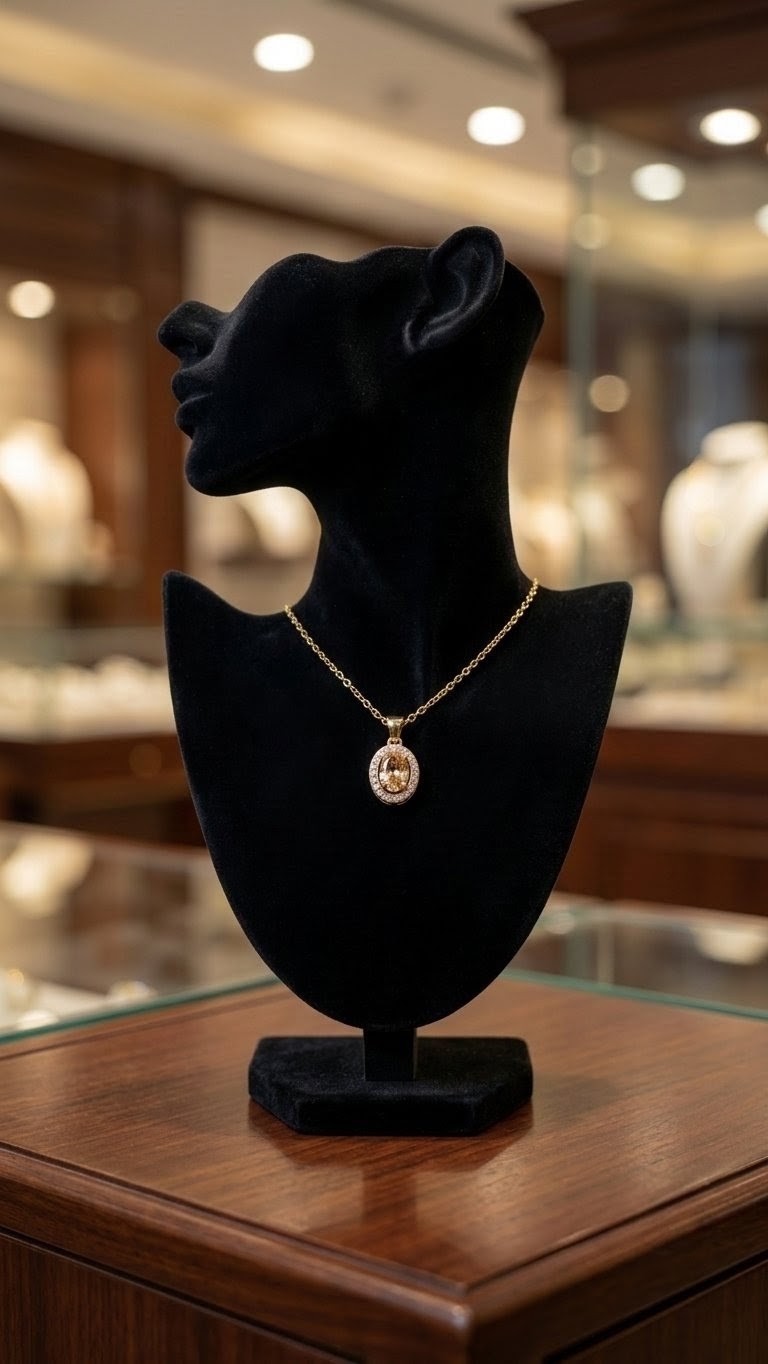 Gold plated oval halo pendant necklace with champagne cubic zirconia stone on cable chain