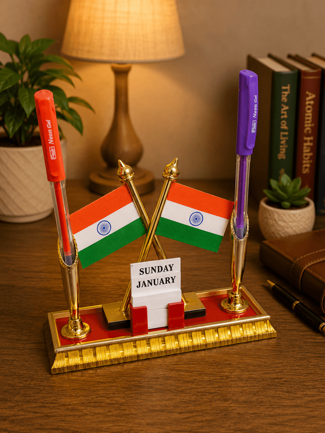 Golden Indian Flag Pen Stand for Office Table