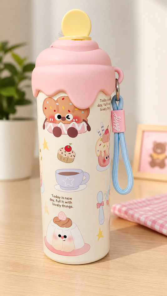 Cute Ice Cream Bear Water Bottle with Straw & Carry Strap