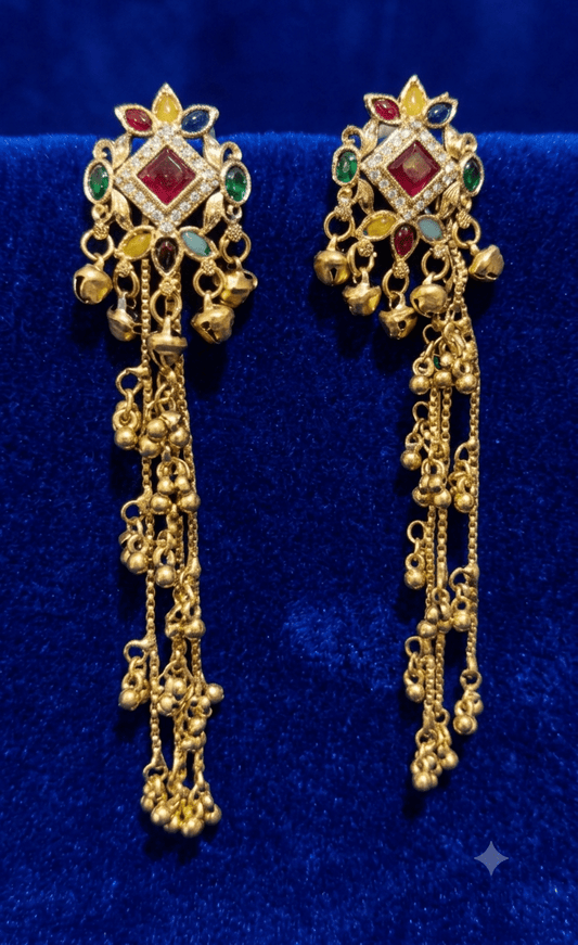 Kashmiri Multicolor Long Jhumka Earrings for Women | Traditional Gold-Tone Designer Earrings - Shiva Gift Mart