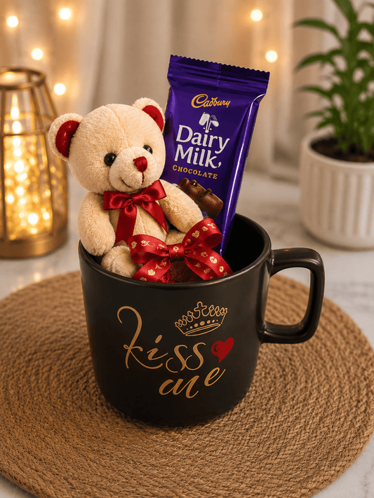 Kiss You Teddy Bear & Dairy Milk Chocolate Romantic Gift Mug Hamper - Shiva Gift Mart