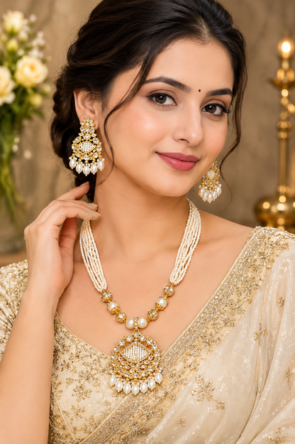 Gold-Plated Pearl Necklace Set with Matching Earrings | Traditional Kundan Bridal Jewellery