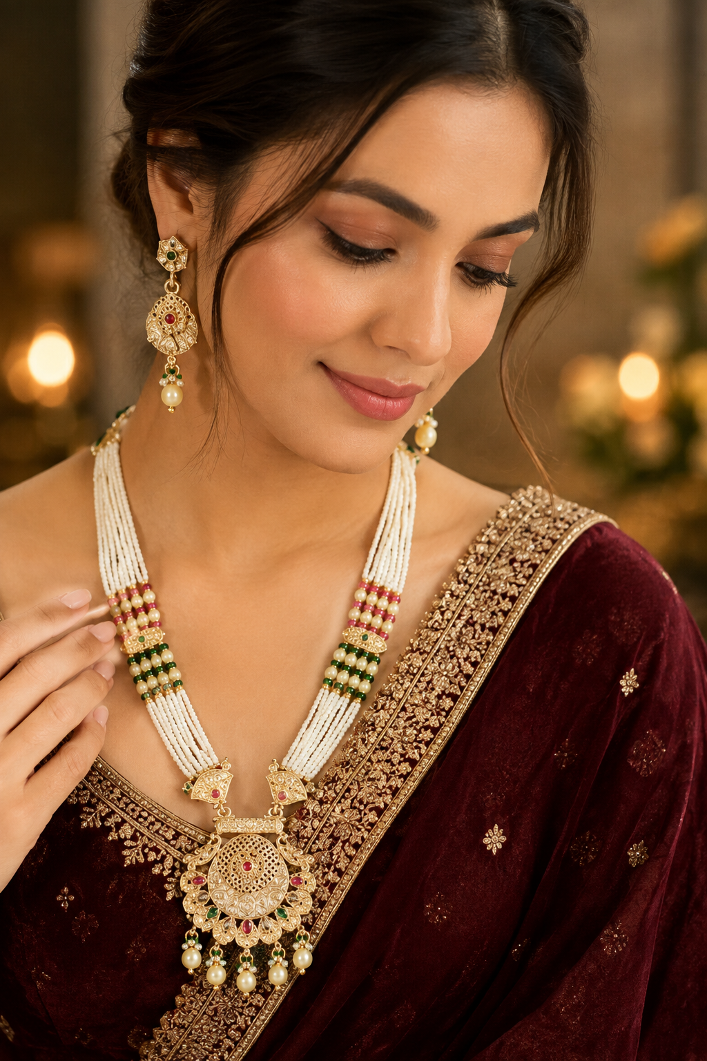 Traditional Marwadi Pearl Necklace Set with Earrings | Gold-Plated Rajasthani Jewellery