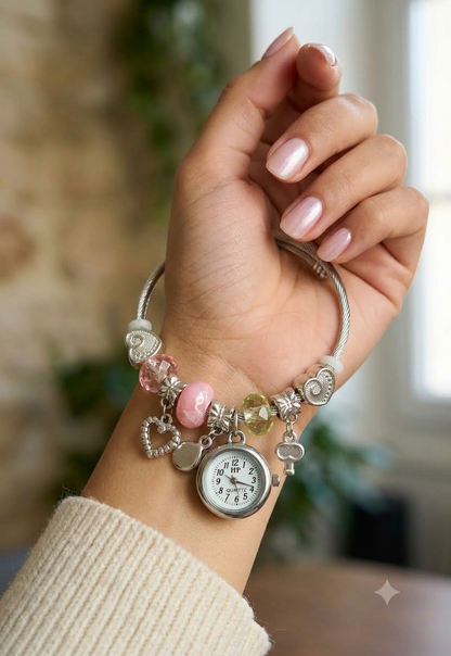 Women's bracelet watch with multicolor beads and decorative charms around the strap, featuring a round analog dial