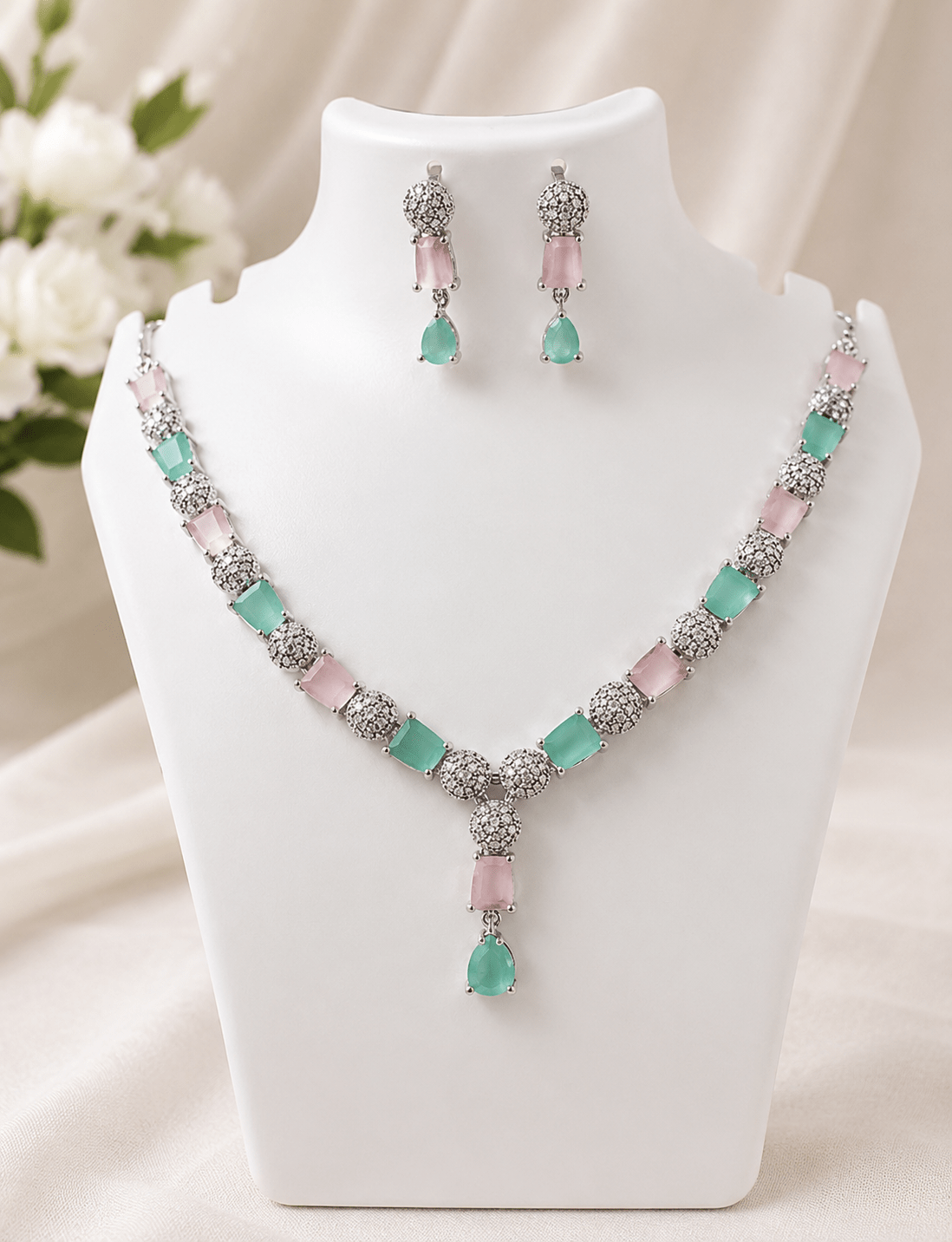 Pastel Pink & Mint Green AD Stone Necklace Set for Women - Shiva Gift Mart