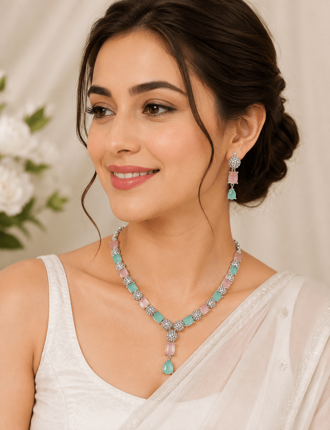 Pastel Pink & Mint Green AD Stone Necklace Set for Women - Shiva Gift Mart
