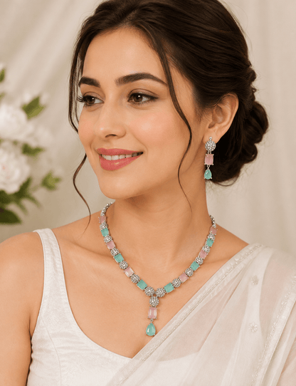 Pastel Pink & Mint Green AD Stone Necklace Set for Women - Shiva Gift Mart