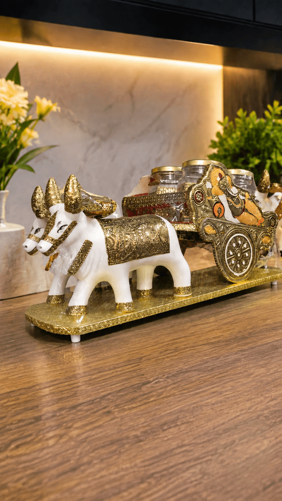 Premium Golden Bullock Cart Dry Fruit Box – Blank 4 Compartment Traditional Serving Tray & Antique Decorative Storage Organizer - Shiva Gift Mart
