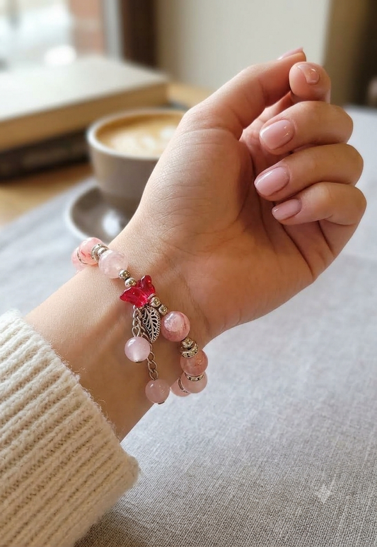 Pink Cherry Quartz Beaded Bracelet with Leaf Charm