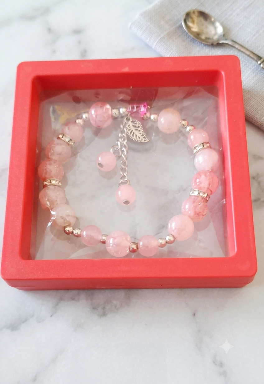 Pink Cherry Quartz Beaded Bracelet with Leaf Charm