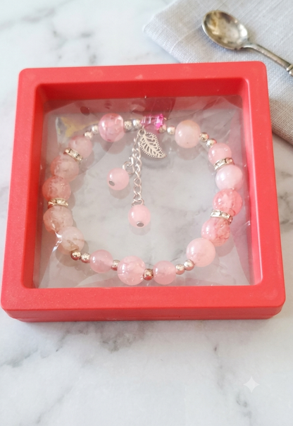Pink Cherry Quartz Beaded Bracelet with Leaf Charm