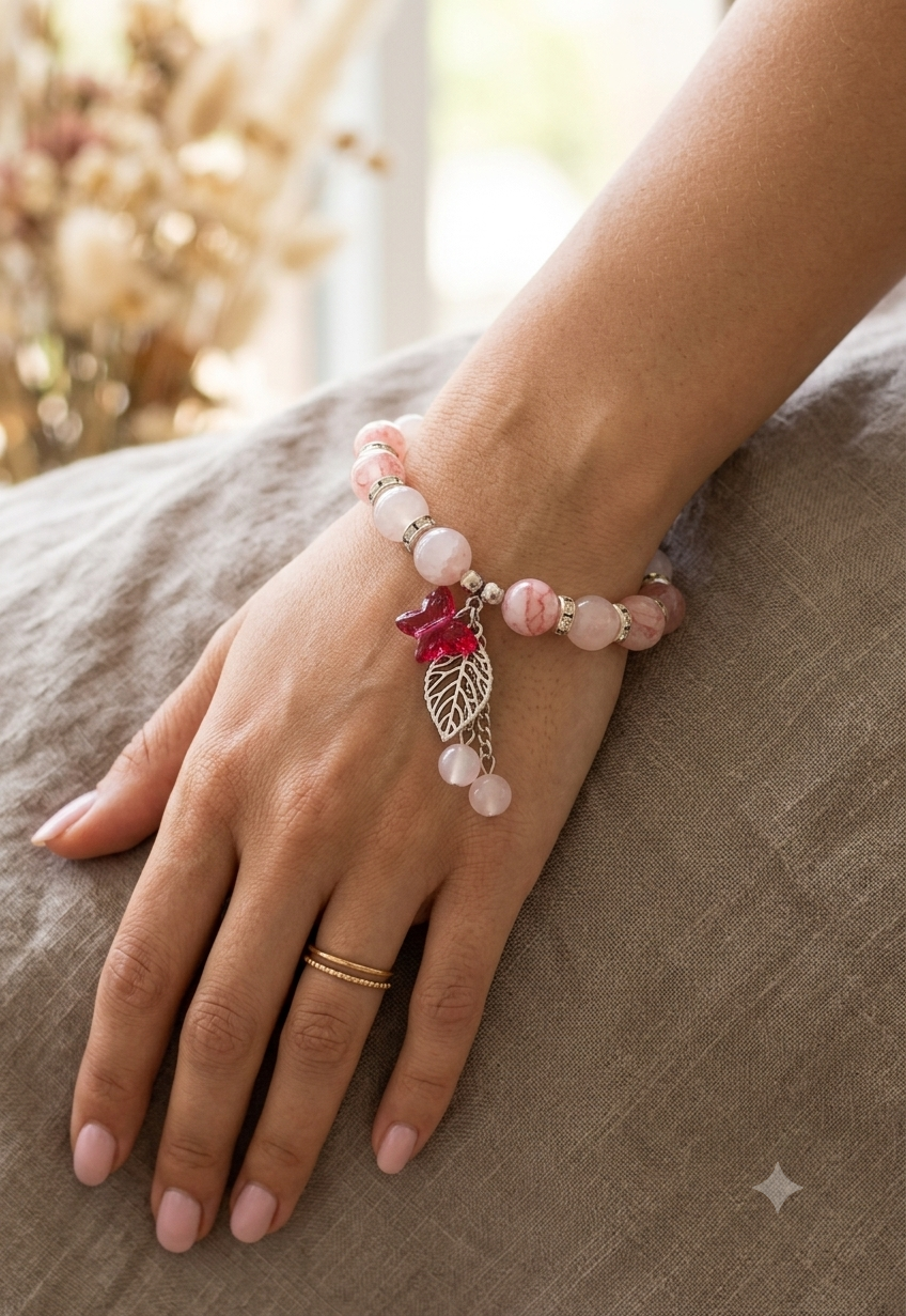 Pink Cherry Quartz Beaded Bracelet with Leaf Charm