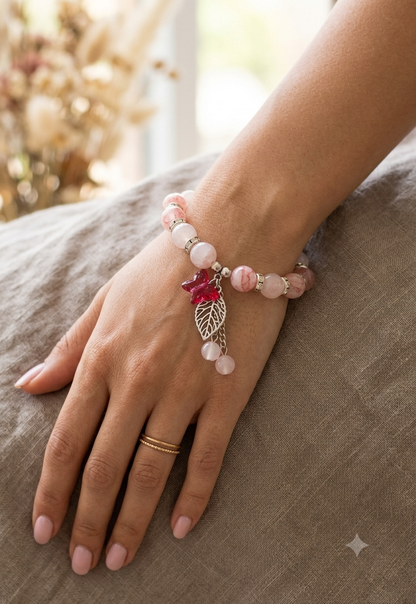 Pink Cherry Quartz Beaded Bracelet with Leaf Charm