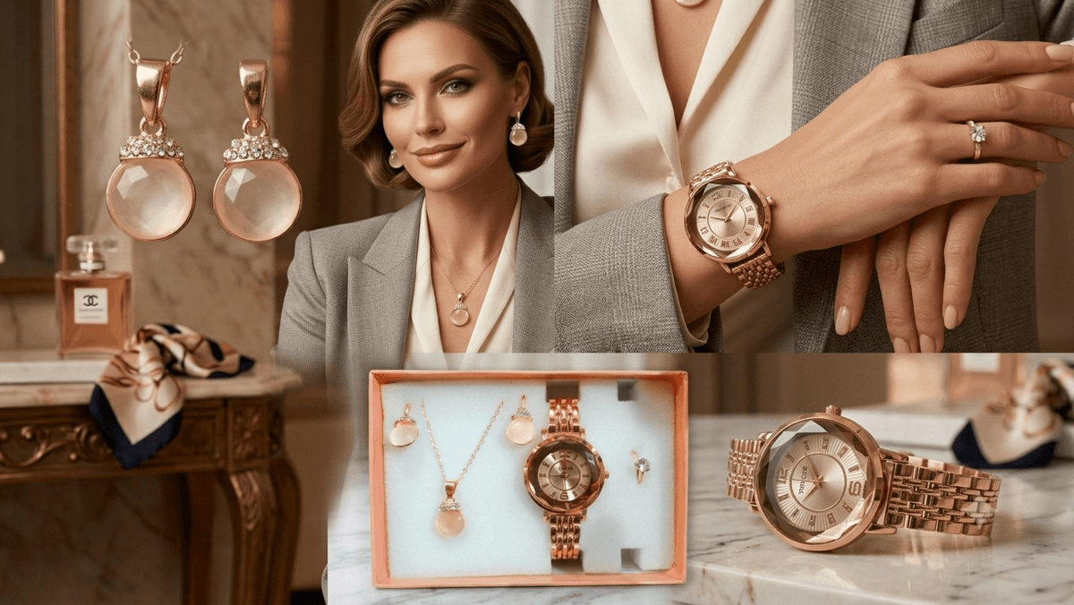 A luxury rose gold jewelry and watch set displayed on a marble table in an elegant room, featuring a woman wearing the jewelry and watch, a close-up of rose gold earrings, a necklace, and a watch, and an open display box showing the coordinated jewelry and watch.