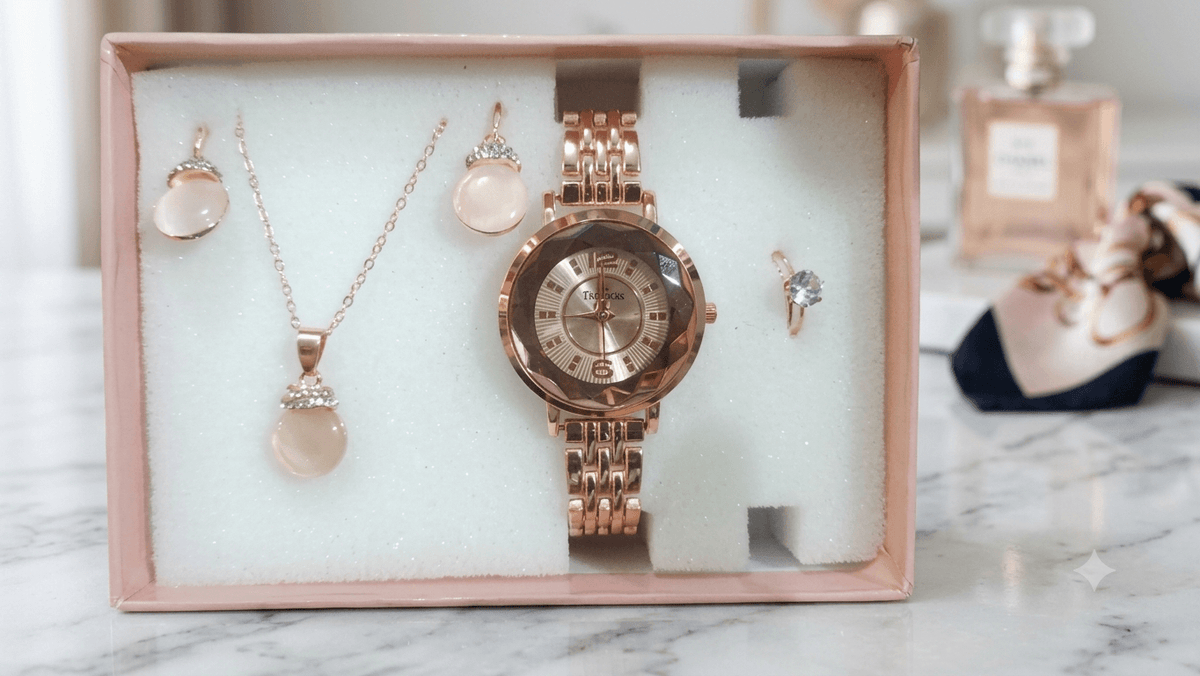 A rose gold jewelry gift set displayed inside a pink box on a white foam insert, featuring a watch, necklace, earrings, and ring on a marble surface.