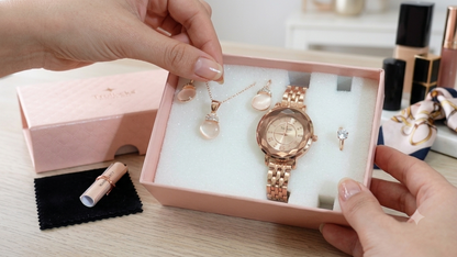 Women’s Rose Gold Analog Watch & Jewellery Gift Set – 4-Piece Combo (Watch, Necklace, Earrings & Ring)