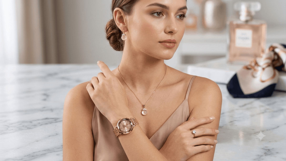 A woman in a beige satin dress models a rose gold watch and matching necklace on a marble countertop with a perfume bottle in the background.