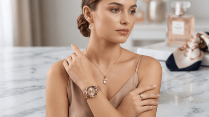 A woman in a beige satin dress models a rose gold watch and matching necklace on a marble countertop with a perfume bottle in the background.