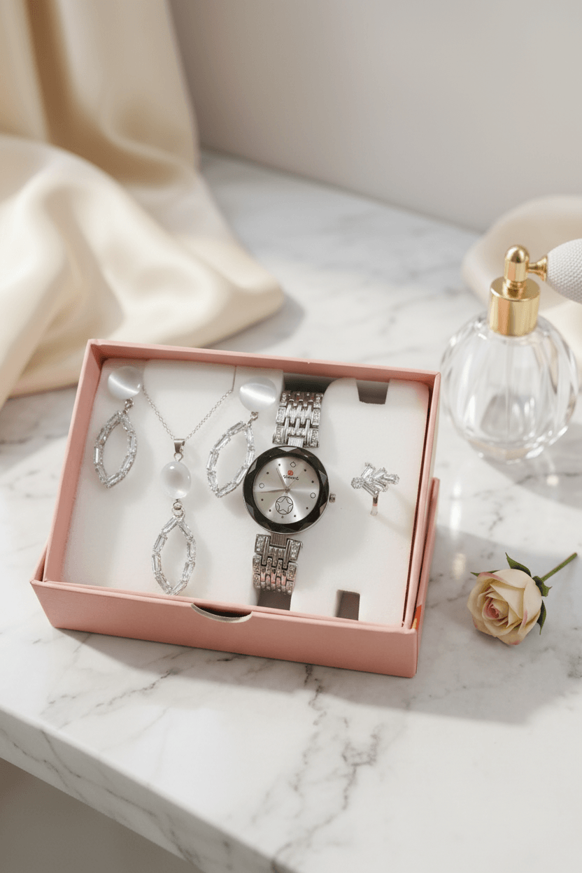 A jewelry and watch gift set displayed in an open blush pink box on a white marble surface, with draped cream fabric, a perfume bottle, and a small rose around it.