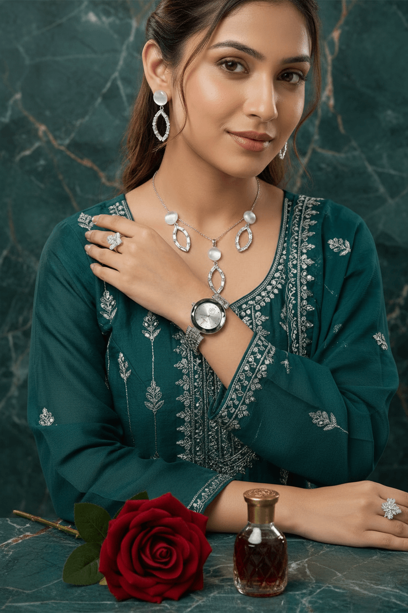 A woman wearing a silver-toned jewelry set including a necklace, earrings, ring, and watch, paired with a dark green embroidered kurta. She is posed on a white marble surface with draped cream fabric and a perfume bottle in the background.
