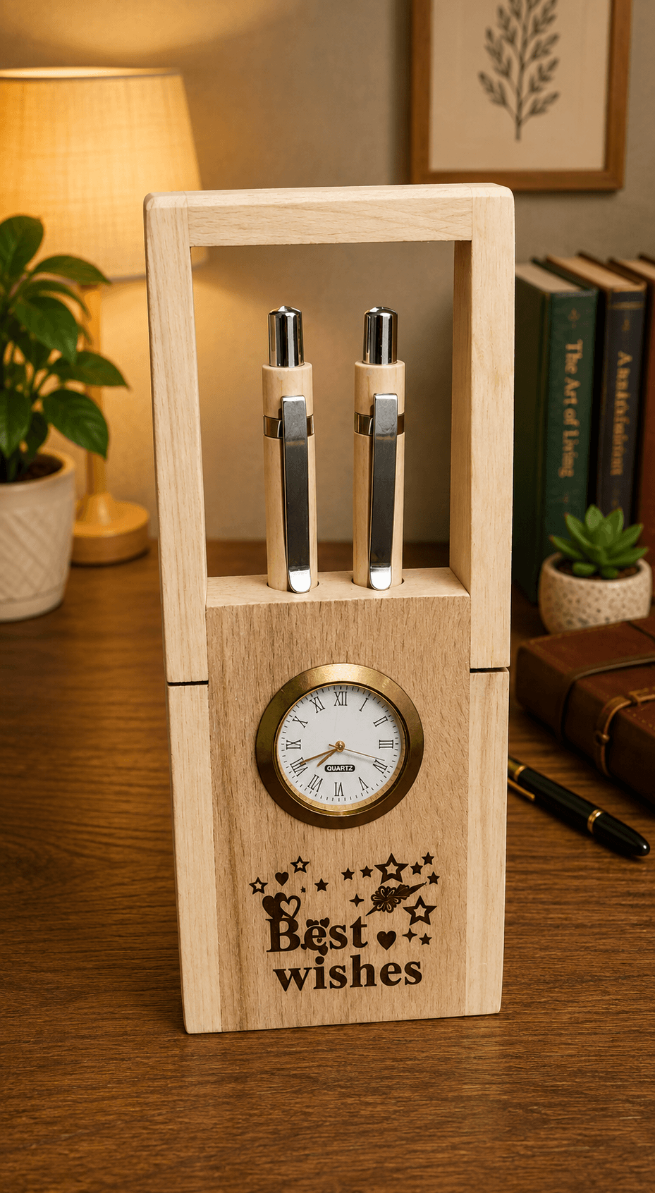 Wooden Pen Holder with Clock for Office Table